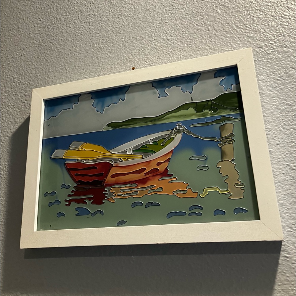 Colorful Boat Stained Glass Style Art in White Frame